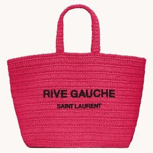 Saint Laurent Pink Rive Gauche embroidered raffia tote bag